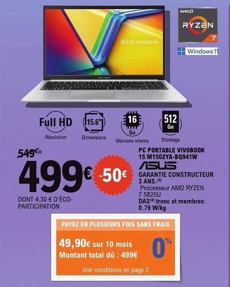 Promo Pc Portable Vivobook M1502Naq-Bq058W Asus chez E.Leclerc ...