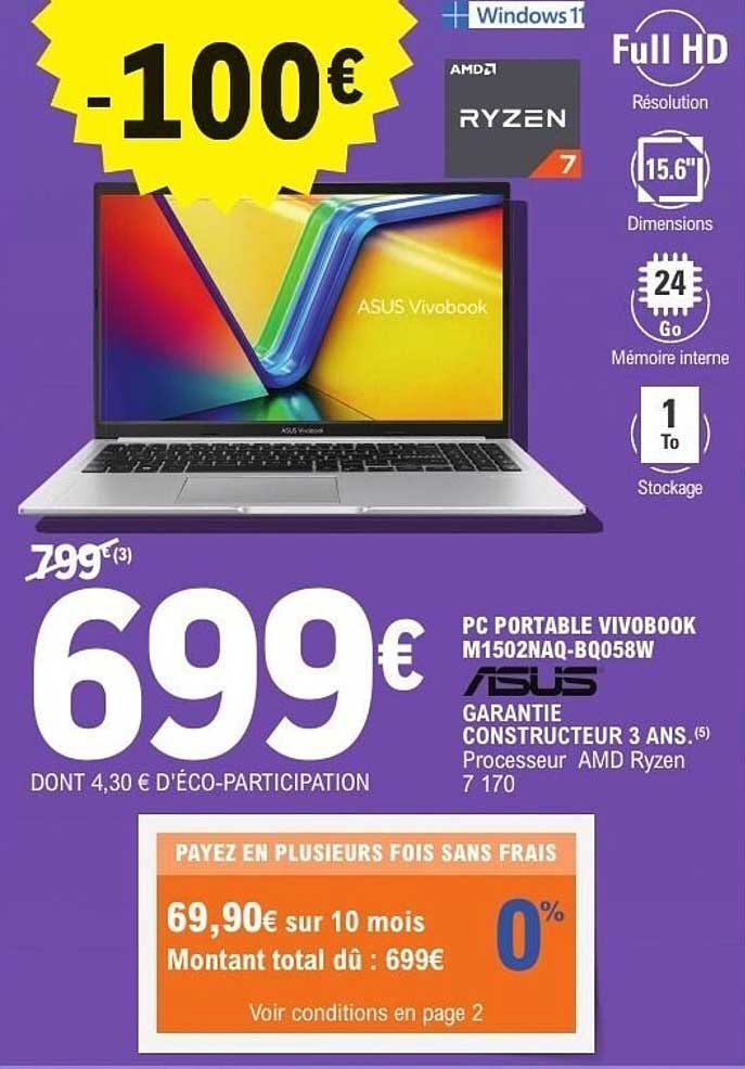 Promo Pc Portable Vivobook M1502Naq-Bq058W Asus chez E.Leclerc ...
