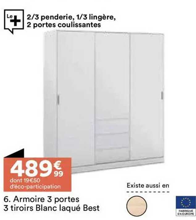 Armoire 3 portes 3 tiroirs Blanc laqué Best
