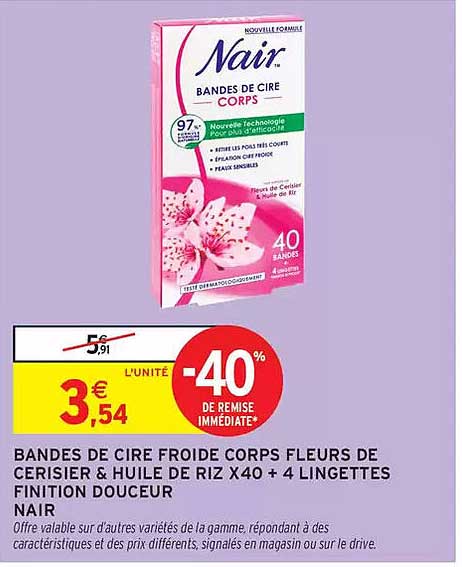 BANDES DE CIRE FROIDE CORPS FLEURS DE CERISIER & HUILE DE RIZ X40 + 4 LINGETTES FINITION DOUCEUR NAIR