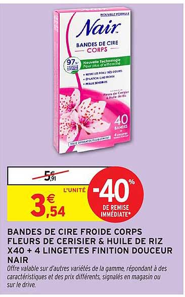 BANDES DE CIRE FROIDE CORPS FLEURS DE CERISIER & HUILE DE RIZ X40 + 4 LINGETTES FINITION DOUCEUR NAIR