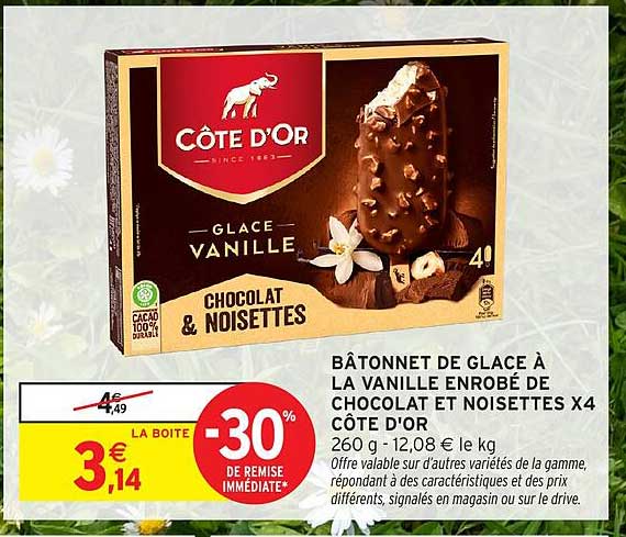 BÂTONNET DE GLACE À LA VANILLE ENROBE DE CHOCOLAT ET NOISETTES X4 CÔTE D'OR
