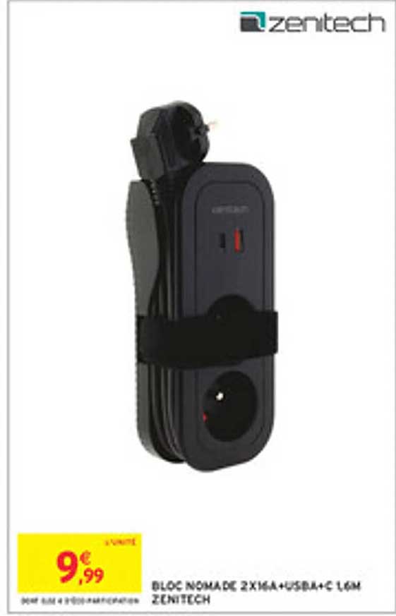 BLOC NOMADE 2 X16A + USB A + C 1,6 M ZENTECH