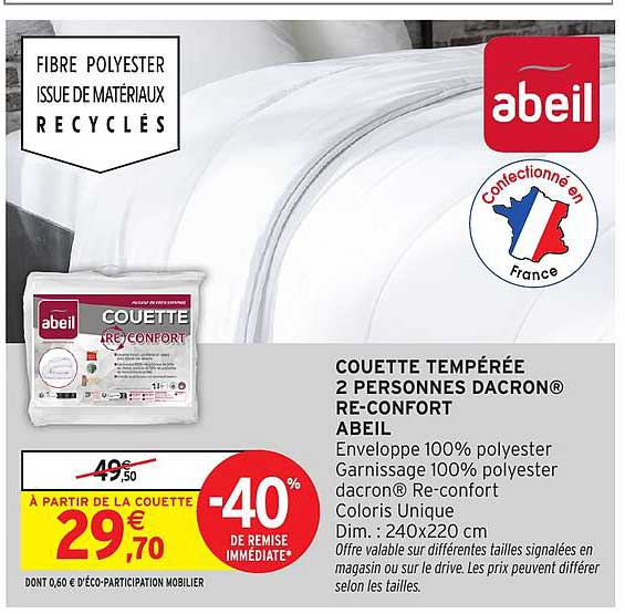 COUETTE TEMPÉRÉE 2 PERSONNES DACRON® RE-CONFORT ABEIL