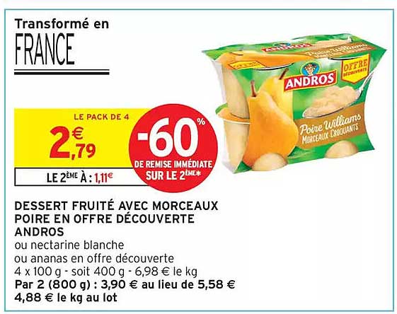 DESSERT FRUITÉ AVEC MORCEAUX POIRE EN OFFRE DÉCOUVERTE ANDROS