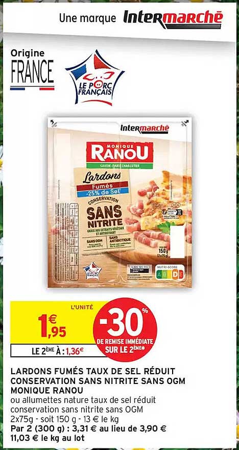 Lardons fumés taux de sel réduit conservation sans nitrite