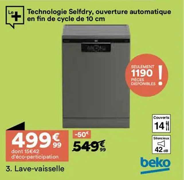 Lave-vaisselle Beko avec technologie Selfdry