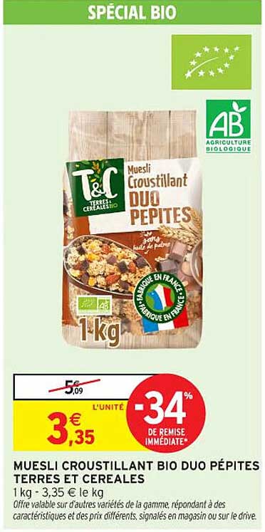 MUESLI CROUSTILLANT BIO DUO PÉPITES TERRES ET CÉRALES