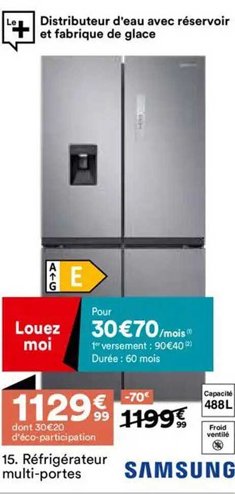 Réfrigérateur multi-portes avec distributeur d’eau et fabrique de glace