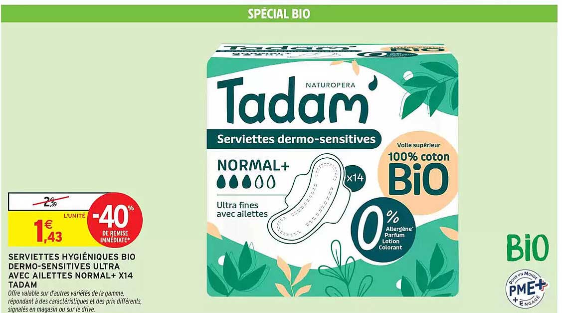 Serviettes hygiéniques BIO Dermo-sensitives Ultra avec ailettes Normal+ x14 Tadam