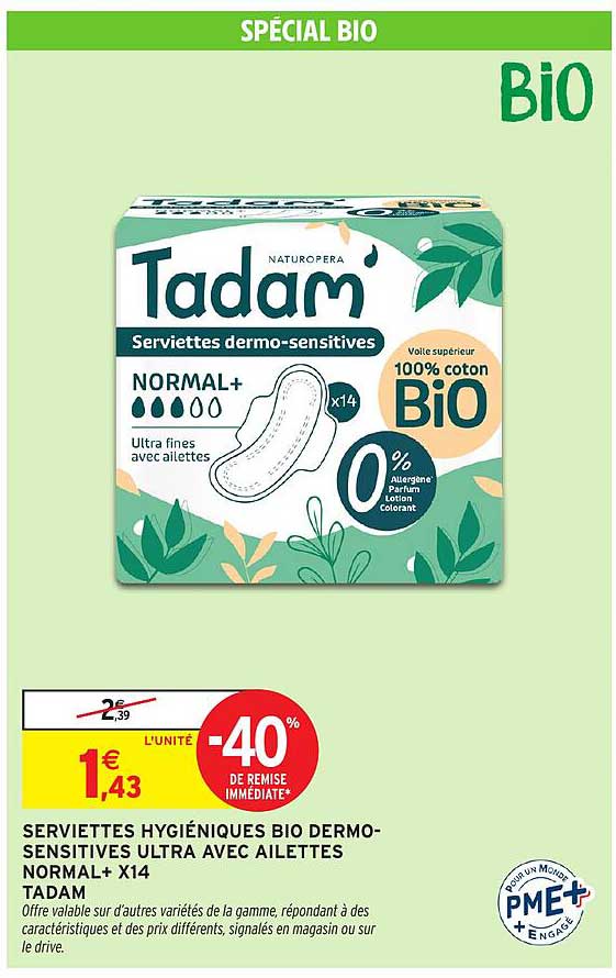 SERVIETTES HYGIÉNIQUES BIO DERMO-SENSITIVES ULTRA AVEC AILETTES NORMAL+ X14 TADAM