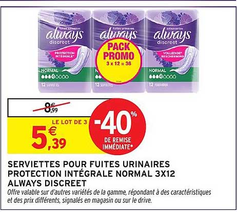 SERVIETTES POUR FUITES URINAIRES PROTECTION INTÉGRALE NORMAL 3X12 ALWAYS DISCREET