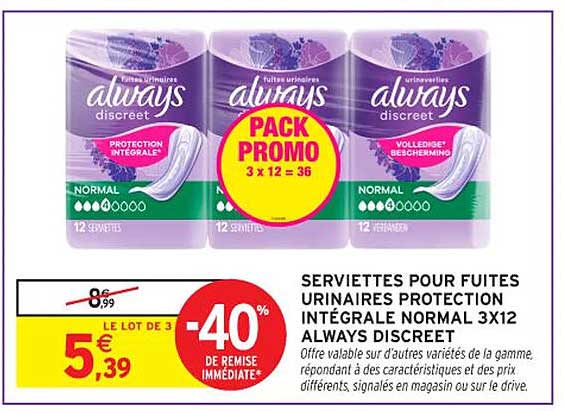 SERVIETTES POUR FUITES URINAIRES PROTECTION INTÉGRALE NORMAL 3X12 ALWAYS DISCREET