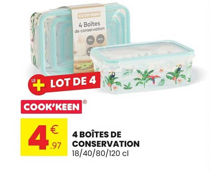 4 BOÎTES DE CONSERVATION 18/40/80/120 cl