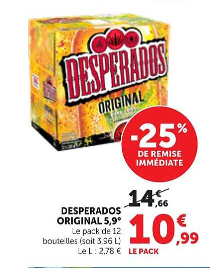 DESPERADOS ORIGINAL 5,9° Le pack de 12 bouteilles (soit 3,96 L) Le L 2,78 €