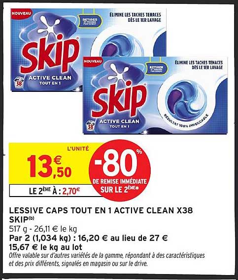 LESSIVE CAPS TOUT EN 1 ACTIVE CLEAN X38 SKIP(b)