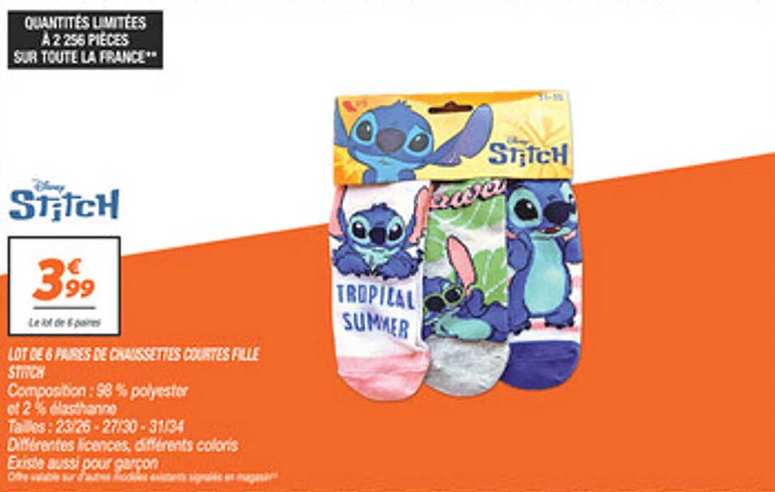 LOT DE 6 PAIRES DE CHAUSSETTES COURTES FILLE STITCH