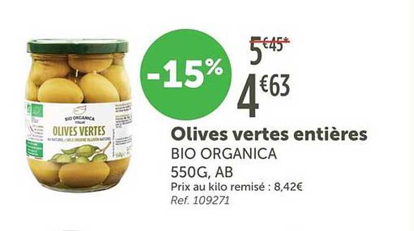 Olives vertes entières BIO ORGANICA 550G, AB