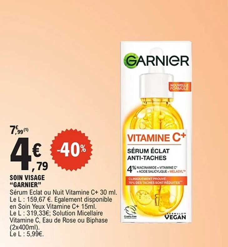 SOIN VISAGE “GARNIER” Sérum Eclat ou Nuit Vitamine C+ 30 ml.