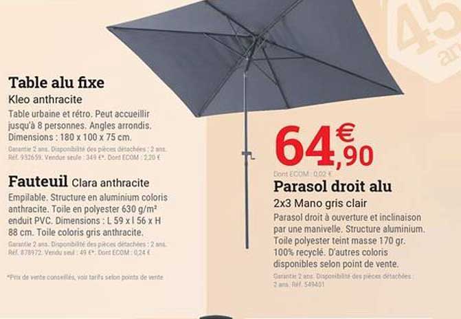 Parasol droit alu 2x3 Mano gris clair