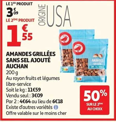 AMANDES GRILLÉES SANS SEL AJOUTÉ AUCHAN 200 g