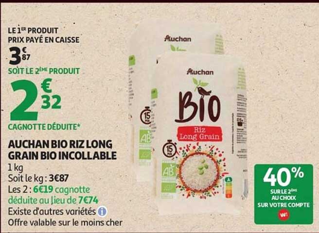 AUCHAN BIO RIZ LONG GRAIN BIO INCOLLABLE