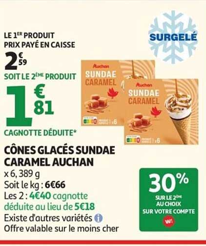 CÔNES GLACÉS SUNDAE CARAMEL AUCHAN