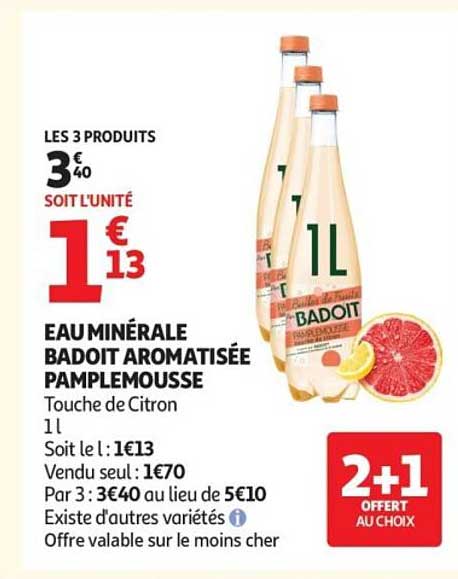 EAU MINERALE BADOIT AROMATISEE PAMPLEMOUSSE Touche de Citron 1L