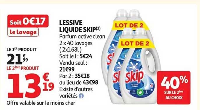 LESSIVE LIQUIDE SKIP(1) Parfum active clean 2 x 40 lavages (2x1.68L)