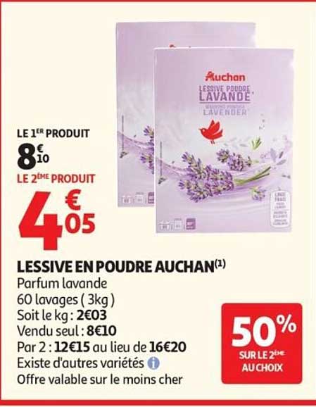 LESSIVE POUDRE AUCHAN(1) Parfum lavande 60 lavages (3kg)