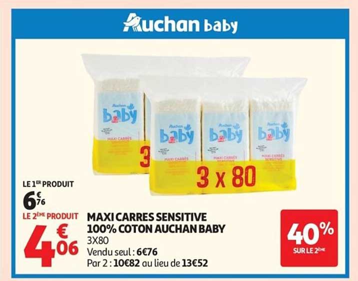 MAXI CARRES SENSITIVE 100% COTON AUCHAN BABY 3X80