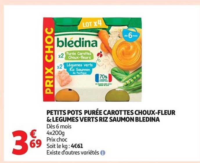 PETITS POTS PURÉE CAROTTES CHOUX-FLEUR & LÉGUMES VERTS RIZ SAUMON BLEDINA