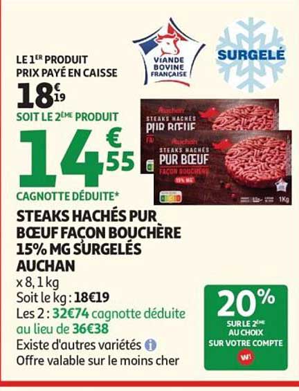 STEAKS HACHÉS PUR BOEUF FAÇON BOUCHÈRE 15% MG SURGELÉS AUCHAN