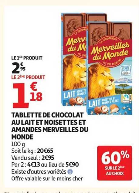 TABLETTE DE CHOCOLAT AU LAIT ET NOISETTES ET AMANDES MERVEILLES DU MONDE