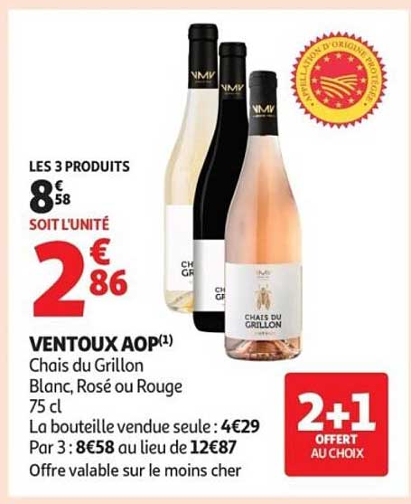 VENTOUX AOP(1) Chais du Grilllon Blanc, Rosé ou Rouge 75 cl