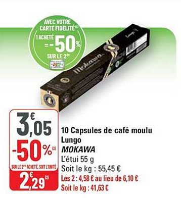 10 Capsules de café moulu Lungo MOKAWA