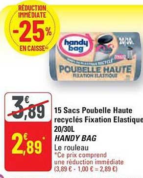 15 Sacs Poubelle Haute recyclés Fixation Elastique 20/30L
