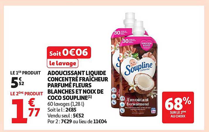 ADOUCISSANT LIQUIDE CONCENTRÉ FRAÎCHEUR PARFUME FLEURS BLANCHES ET NOIX DE COCO SOUPLINE
