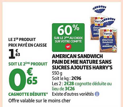 AMERICAN SANDWICH PAIN DE MIE NATURE SANS SUCRES AJOUTES HARRY’S 550 g