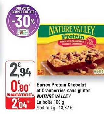 Barres Protein Chocolat et Cranberries sans gluten NATURE VALLEY