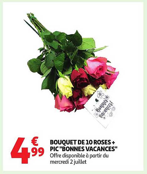 BOUQUET DE 10 ROSES + PIC "BONNES VACANCES"