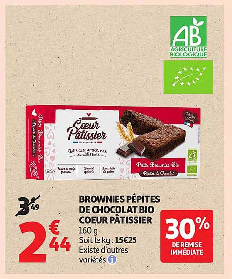 BROWNIES PÉPITES DE CHOCOLAT BIO CŒUR PÂTISSIER