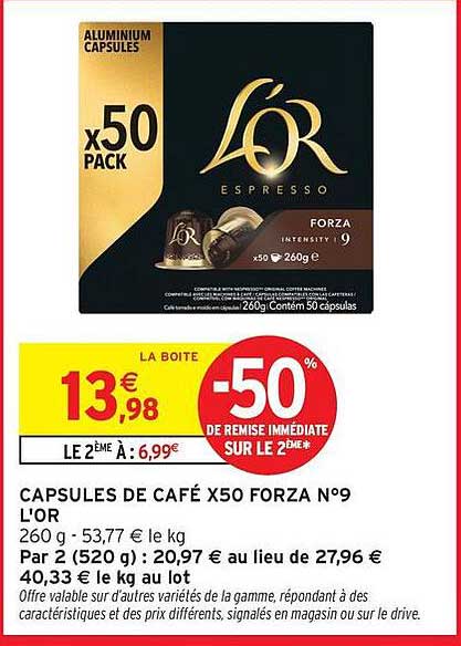 CAPSULES DE CAFÉ X50 FORZA N°9 L'OR