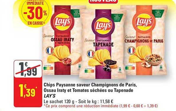 Chips Paysanne saveur Champignons de Paris, Ossau Iraty et Tomates séchées ou Tapenade LAY'S