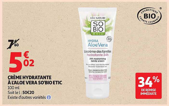 CRÈME HYDRATANTE À L'ALOÉ VERA SO'BIO ETIC