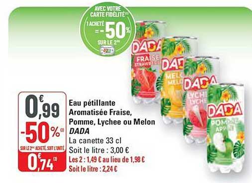 Eau pétillante Aromatisée Fraise, Pomme, Lychee ou Melon DADA