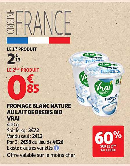 FROMAGE BLANC NATURE AU LAIT DE BREBIS BIO VRAI