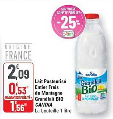 Lait Pasteurisé Entier Frais de Montagne Grandlait BIO CANDIA