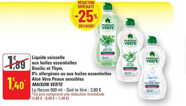 Liquide vaisselle aux huiles essentielles Basilic et Thym, 0% allergènes ou aux huiles essentielles Aloe Vera Peaux sensibles MAISON VERTE