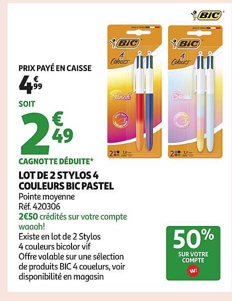 LOT DE 2 STYLOS 4 COULEURS BIC PASTEL